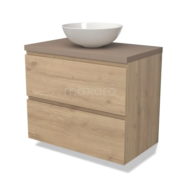 Houten badkamermeubel met twee lades, bovenop een witte komvormige waskom; eigentijds en compact ontwerp.