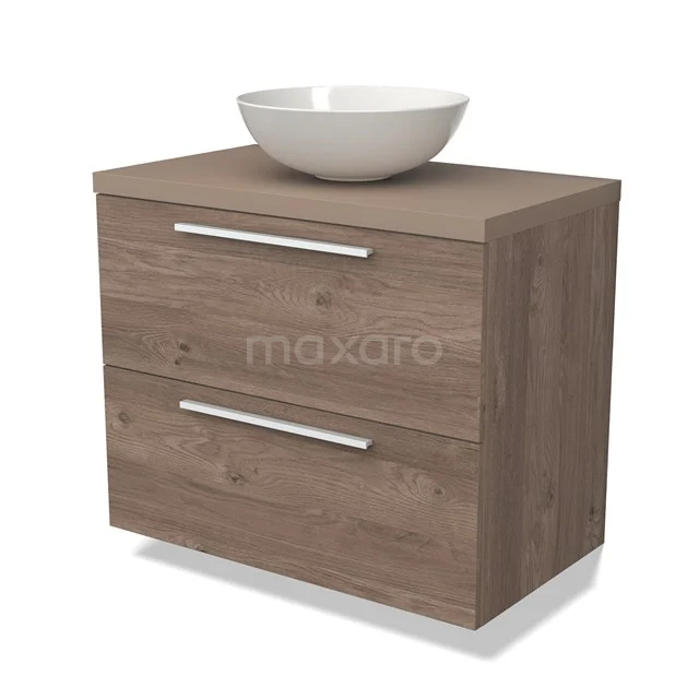 Modulo Plato Badkamermeubel voor waskom | 80 cm Middenbruin eiken Vlak front Taupe blad 2 lades onder elkaar BMK17-02435