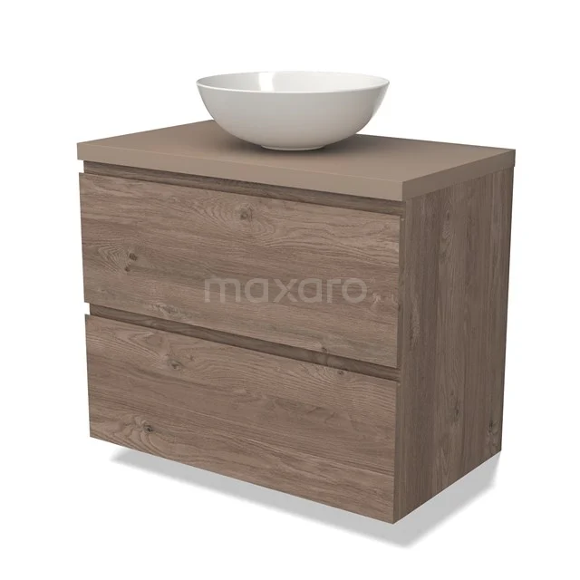 Houten badkamermeubel met waskom, hangend ontwerp, twee lades in een moderne eiken look.