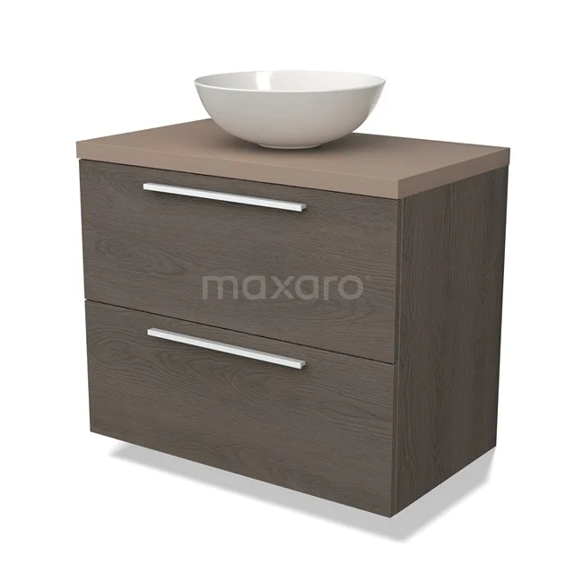 Houten badmeubel met waskom, modern design in donker eikenlook, voorzien van twee lades met metalen handgrepen.