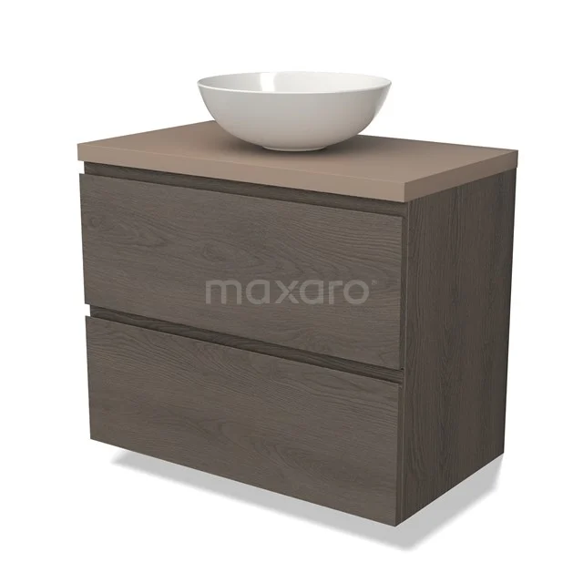 Modulo Plato Badkamermeubel voor waskom | 80 cm Donkerbruin eiken Greeploos front Taupe blad 2 lades onder elkaar BMK17-02440