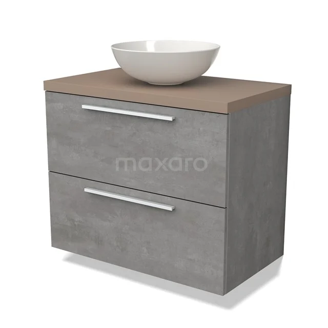 Grijze badkamermeubelset met betonlook, houten blad en witte waskom; moderne en stijlvolle uitstraling voor elke badkamer.