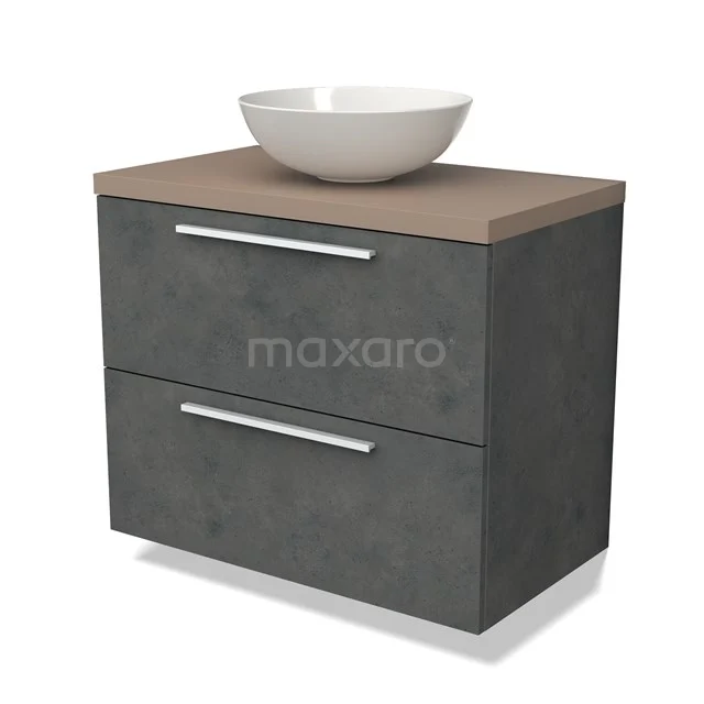 Donkergrijze badkamermeubelset met houtlook blad, keramische waskom en twee lades met chromen grepen.
