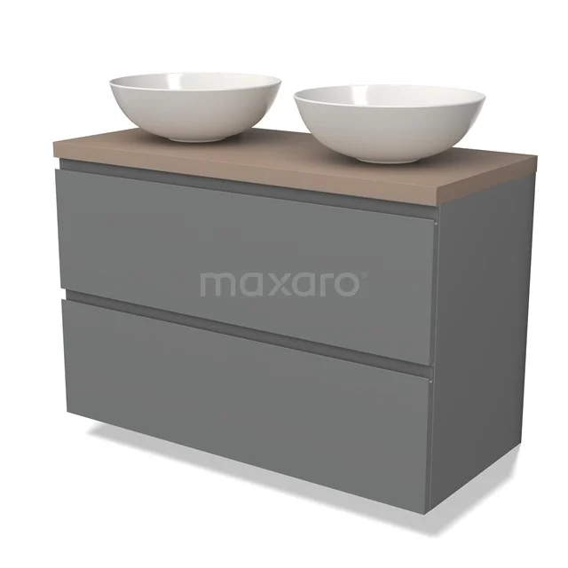 Graue Holz-Badmöbelset mit zwei runden keramischen Aufsatzwaschbecken und einer naturbelassenen Holzplatte, modernes Design.