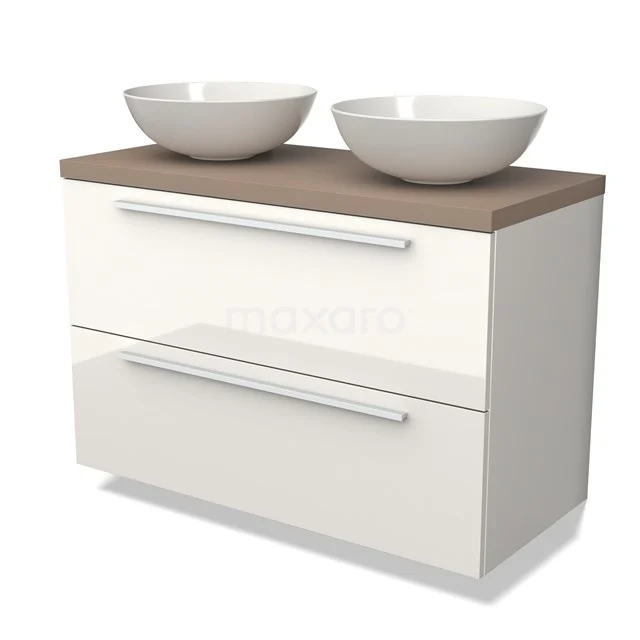 Modulo Plato Badkamermeubel voor waskom | 100 cm Hoogglans wit Vlak front Taupe blad 2 lades onder elkaar BMK17-02450