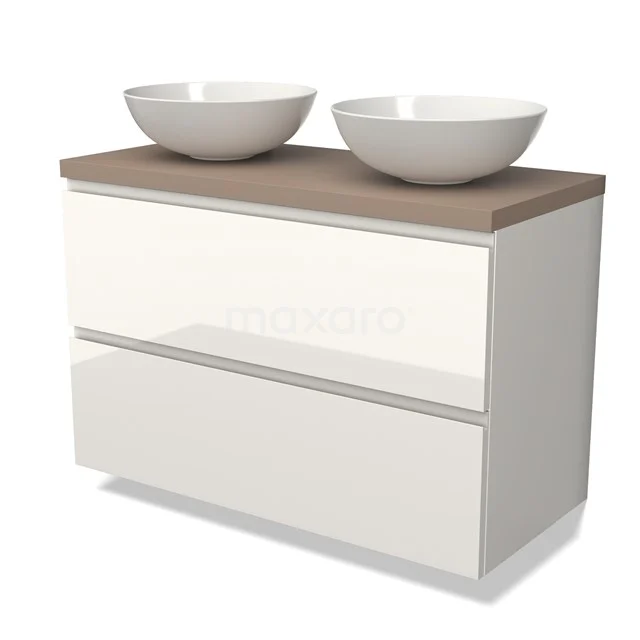 Weißes Hochglanz-Badmöbel mit Schublade, Holzoptik Platte und zwei runden Aufsatzwaschbecken, modernes Design.