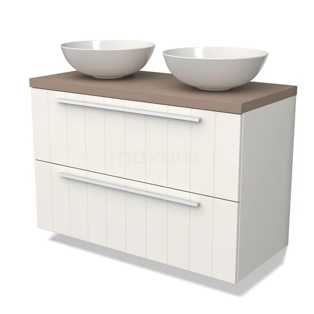 Weißes Badezimmermöbel mit zwei runden Aufsatzwaschbecken, Holzplatte und zwei Schubladen; zeitgemäßes Design für stilvolle Bäder.