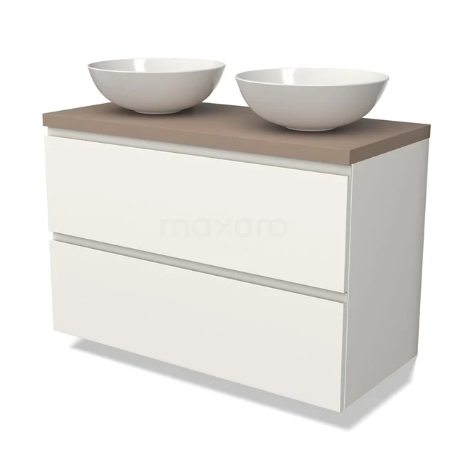 Wit badkamermeubel met twee ronde waskommen en houten blad, modern design, ideaal voor een trendy badkamerstijl.