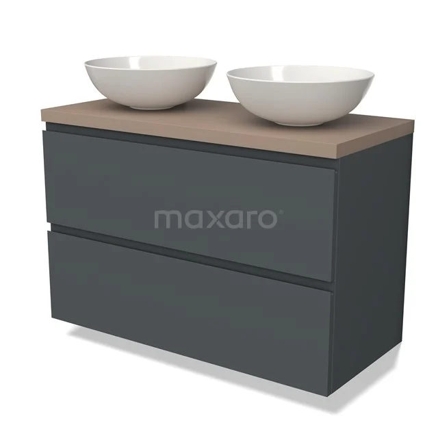 Donkergrijze badkamermeubelset met twee witte komvormige waskommen en een houtkleurig blad, modern design.