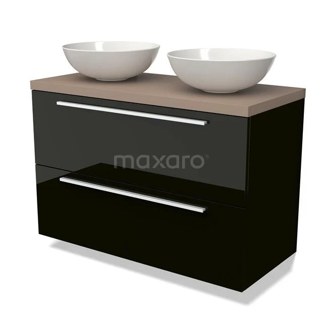 Zwart badkamermeubel met houtkleurig blad, twee witte waskommen en moderne lades, ideaal voor een stijlvolle badkamer.