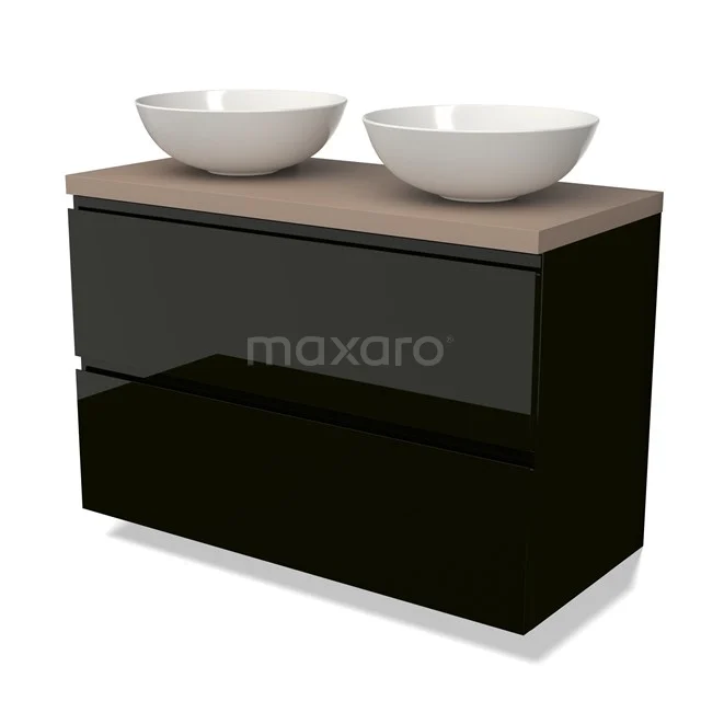 Schwarze Badmöbelset mit doppeltem Aufsatzwaschbecken, holzfarbener Platte und Softclose-Schubladen, modernes Design für luxuriöse Bäder.