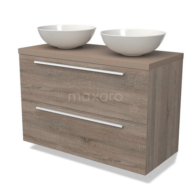 Houten badkamermeubel met twee witte keramische waskommen, modern design, inclusief zilverkleurige handgrepen.