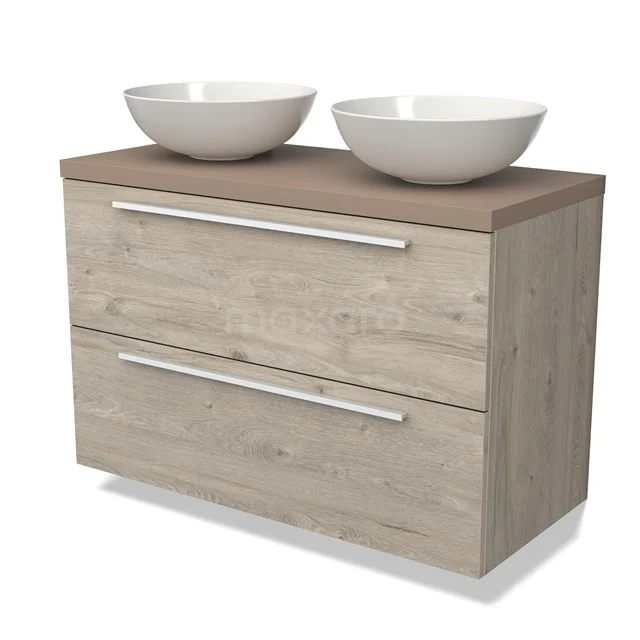 Houten badkamermeubel met twee ronde witte waskommen, modern design met ladegrepen, perfect voor een stijlvolle badkamer.