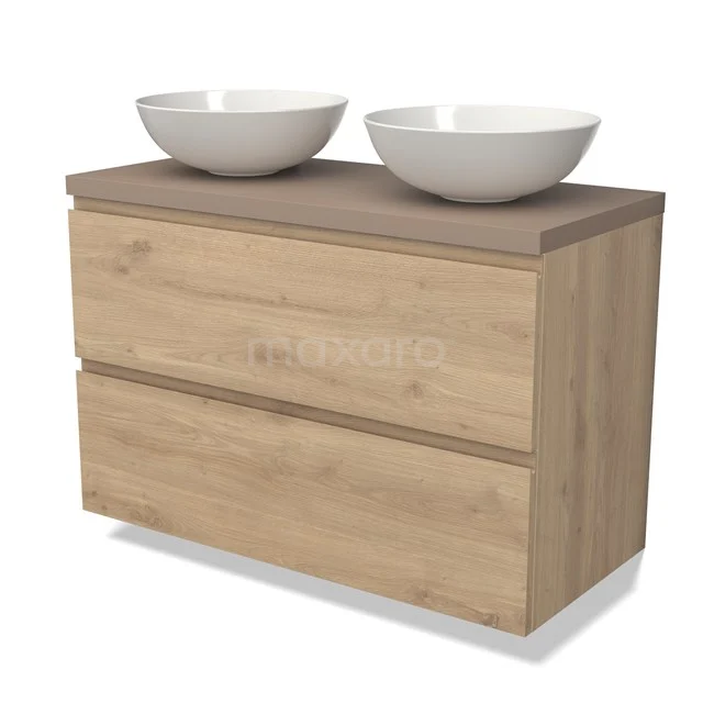 Houten badkamermeubel met dubbele wastafel, modern ontwerp, lichte houtkleur, geschikt voor stijlvolle badkamerinrichting.