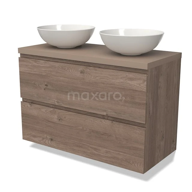 Modulo Plato Badkamermeubel voor waskom | 100 cm Middenbruin eiken Greeploos front Taupe blad 2 lades onder elkaar BMK17-02469