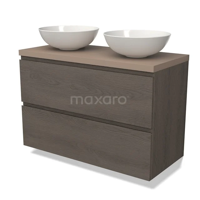 Modulo Plato Badkamermeubel voor waskom | 100 cm Donkerbruin eiken Greeploos front Taupe blad 2 lades onder elkaar BMK17-02472