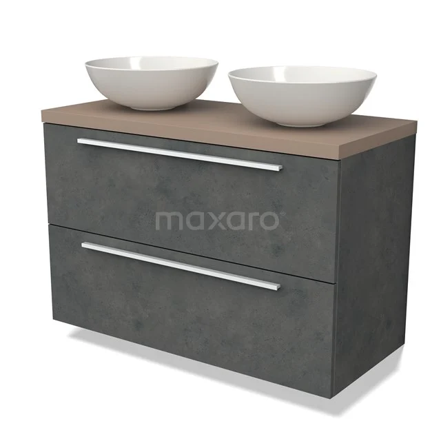 Grijze badkamermeubelset met houtlook blad en dubbele witte waskommen, modern design en metalen handgrepen.