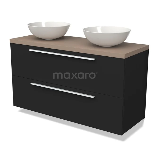 Schwarzes Badmöbel mit Holzplatte und doppelten weißen Aufsatzwaschbecken, stilvoll und geeignet für moderne Bäder.