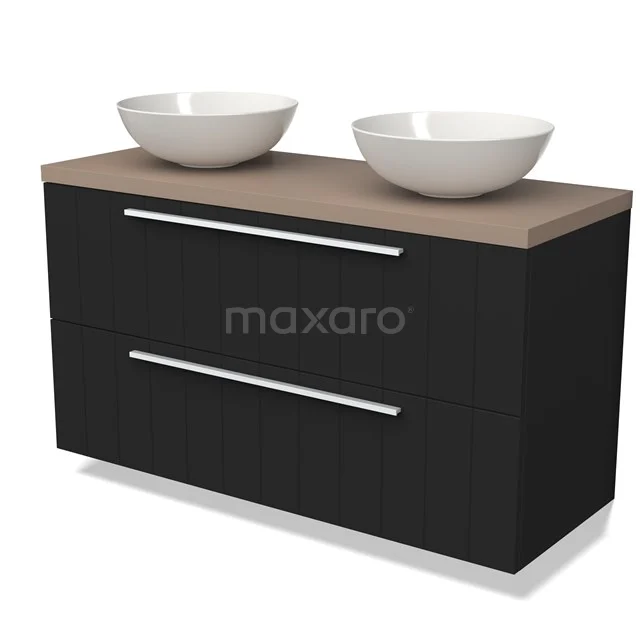 Schwarze Badmöbel mit Holzlook Platte, zwei weiße Aufsatzwaschbecken und metallene Griffe, perfekt für ein modernes Badezimmer.