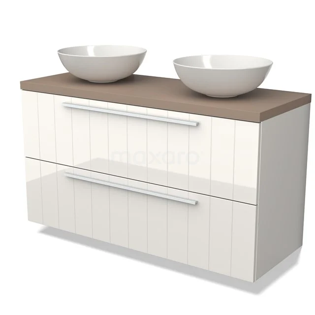 Modulo Plato Vanity units for countertop basin | 120 cm High-gloss white Slat front Taupe worktop 2 Stacked drawers BMK17-02483