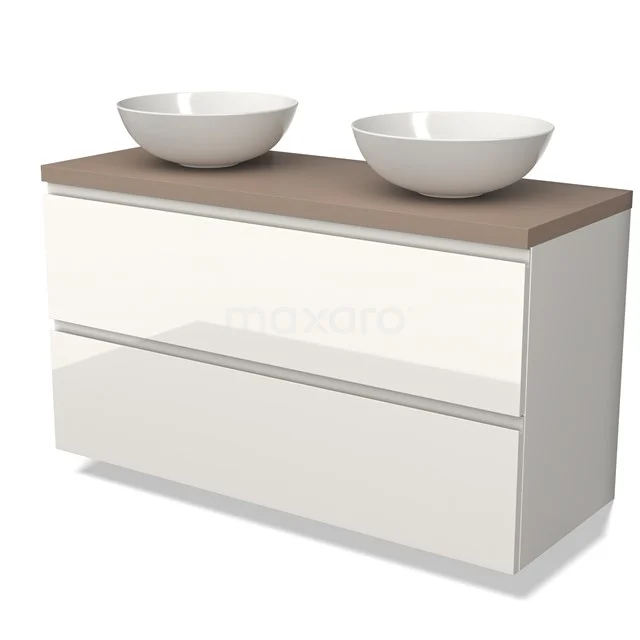 Modulo Plato Vanity units for countertop basin | 120 cm High-gloss white Handle-less front Taupe worktop 2 Stacked drawers BMK17-02484