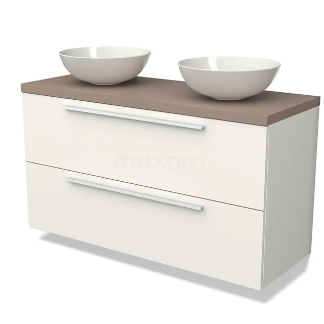 White bathroom unit with wood-look worktop, double countertop wash basin and two drawers, modern and stylish design for any bathroom.