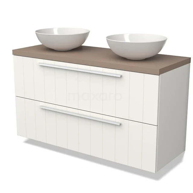 Modulo Plato Vanity units for countertop basin | 120 cm Matte white Slat front Taupe worktop 2 Stacked drawers BMK17-02486
