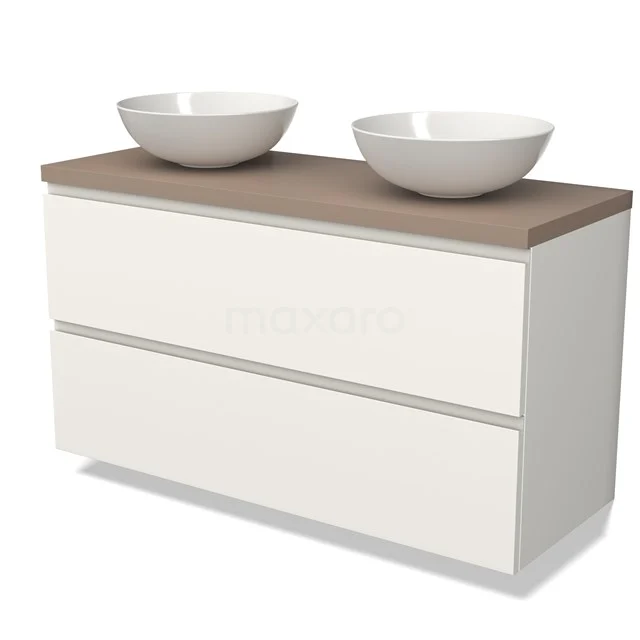 Weiße Badmöbelset mit zwei runden Aufsatzwaschbecken, Holzlook Platte und grifflose Schubladen, modernes und elegantes Design.