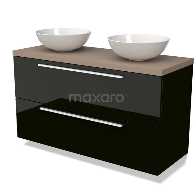 Modulo Plato Vanity units for countertop basin | 120 cm High-gloss black Flat front Taupe worktop 2 Stacked drawers BMK17-02490