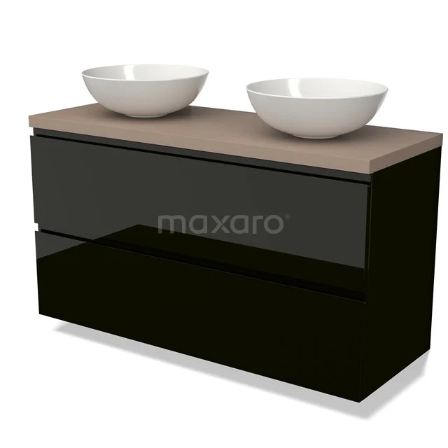 Modulo Plato Vanity units for countertop basin | 120 cm High-gloss black Handle-less front Taupe worktop 2 Stacked drawers BMK17-02491