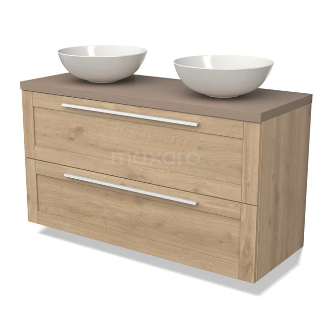 Wooden bathroom unit with double basin, modern design, light oak finish and soft-close drawers.
