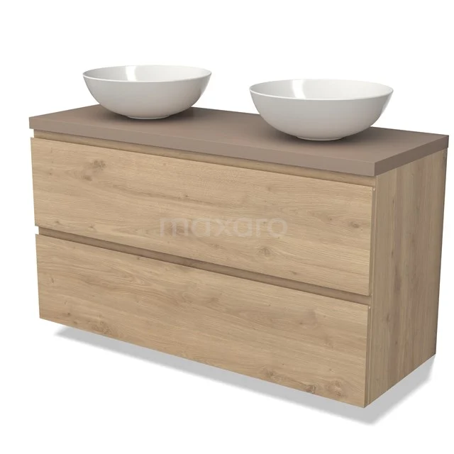 Modulo Plato Badkamermeubel voor waskom | 120 cm Lichtbruin eiken Greeploos front Taupe blad 2 lades onder elkaar BMK17-02498