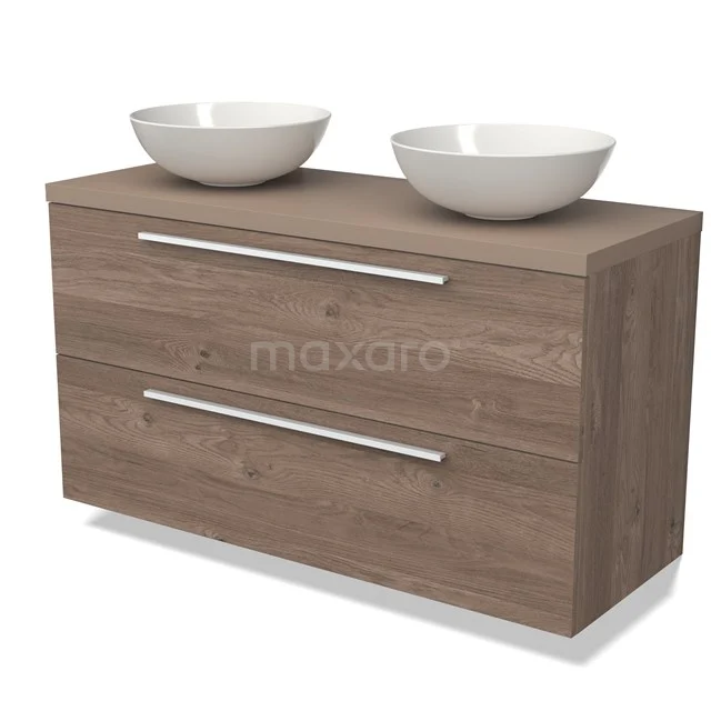 Modulo Plato Badkamermeubel voor waskom | 120 cm Middenbruin eiken Vlak front Taupe blad 2 lades onder elkaar BMK17-02499