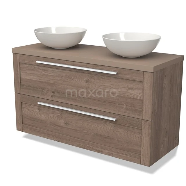 Wooden bathroom unit with two white countertop wash basins, modern style, drawer fronts with metal handles, ideal for a stylish bathroom.