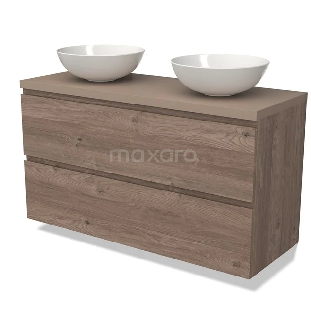 Modulo Plato Badkamermeubel voor waskom | 120 cm Middenbruin eiken Greeploos front Taupe blad 2 lades onder elkaar BMK17-02501