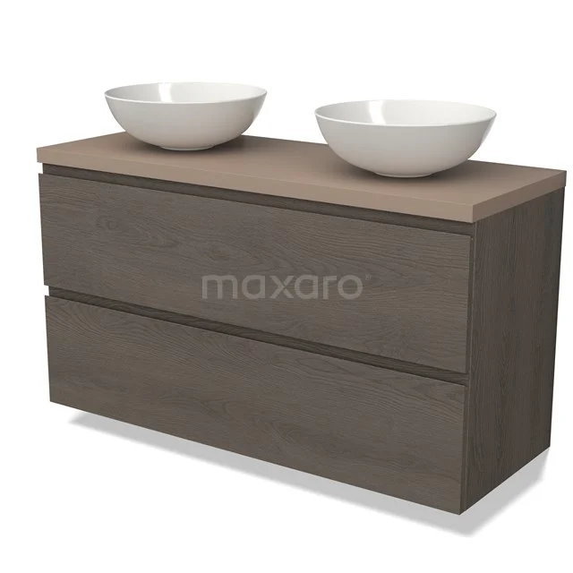 Modulo Plato Badkamermeubel voor waskom | 120 cm Donkerbruin eiken Greeploos front Taupe blad 2 lades onder elkaar BMK17-02504