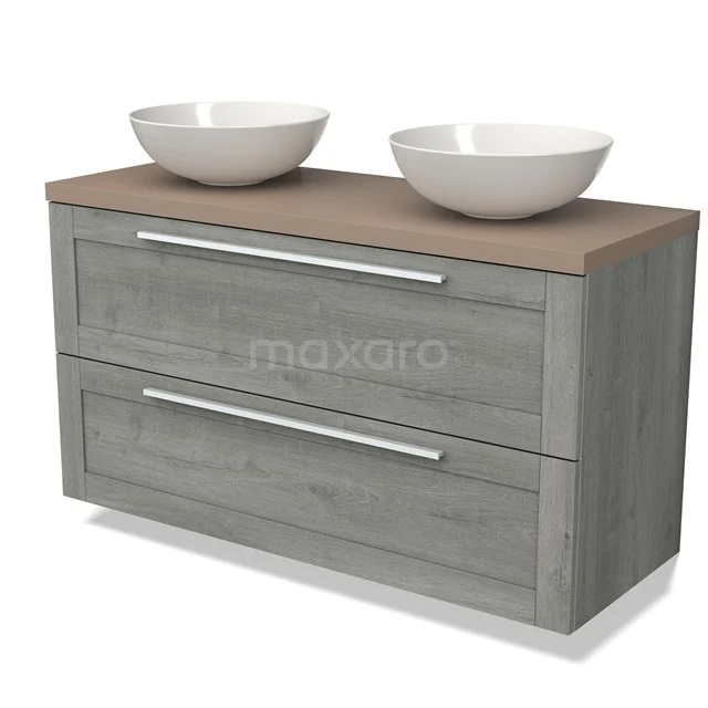 Grey wooden bathroom unit with two white countertop wash basins and a light brown wooden worktop, modern design.