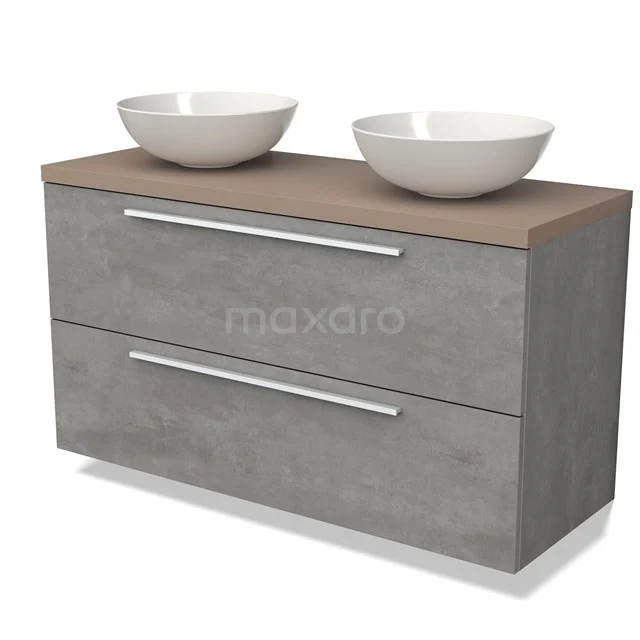 Modulo Plato Badkamermeubel voor waskom | 120 cm Lichtgrijs beton Vlak front Taupe blad 2 lades onder elkaar BMK17-02507