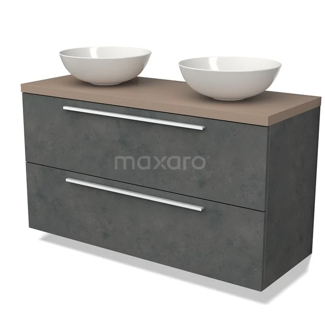 Waschtischunterschrank mit Konsole BMK17-02508 Graue Badmöbelset mit Betonlook, Holzplatte und doppelten weißen Aufsatzwaschbecken, ideal für einen modernen Badezimmerstil.