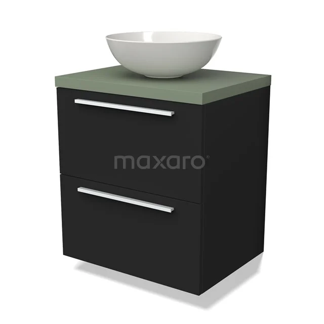 Zwart badkamermeubel met groene wastafelblad en witte opbouwkom, modern design met twee lades voor praktische opslag.