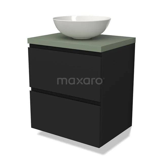 Zwart badkamermeubel met olijfgroene wastafelblad en witte kom, compact design met twee lades, ideaal voor moderne badkamers.
