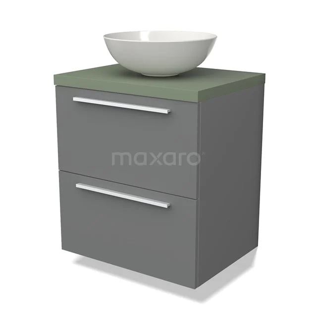 Grijze badkamermeubelset met groene wastafelblad en witte opbouwwasbak, modern design met twee lades.