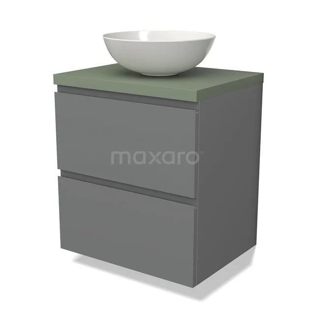 Grijze badkamermeubelset met groene wastafelblad en ronde witte waskom, modern design en strak afgewerkt.