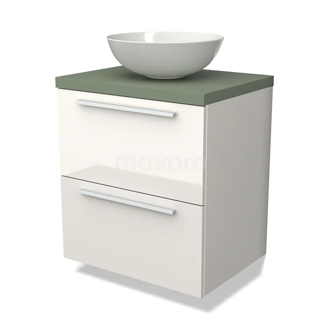 Weißes Badezimmermöbel mit grünem Kunststoffblatt und rundem Aufsatzwaschbecken, ausgestattet mit zwei Schubladen mit silberfarbenen Haltegriffen.