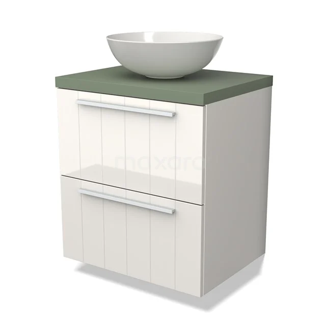 Weißes Badezimmermöbel mit grüner Oberseite, zwei Schubladen und einem runden Waschbecken. Modernes Design mit horizontalen Linien.