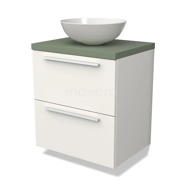 Wit badkamermeubel met twee lades, groene wastafelblad en ronde komvormige wasbak, modern design.