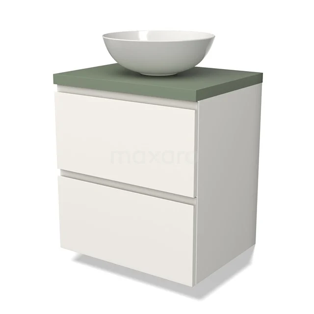 Wit badkamermeubel met groene wastafelblad en opzetwaskom, modern design met twee lades voor stijlvolle badkameropslag.