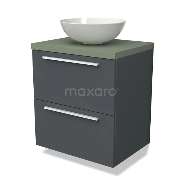 Donkergrijze badkamerkast met twee lades, groene wastafelblad en ronde witte opzetwastafel, modern design.