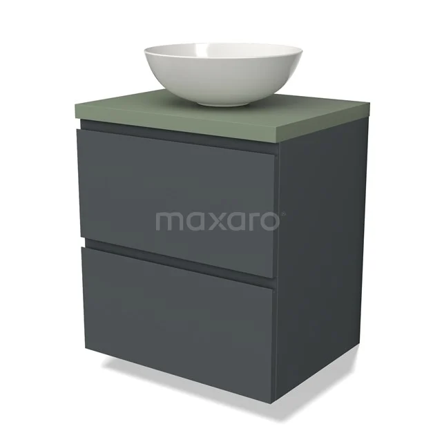 Donkergrijze badkamermeubel met twee lades, olijfgroen blad en witte ronde waskom, modern design voor stijlvolle badkamers.