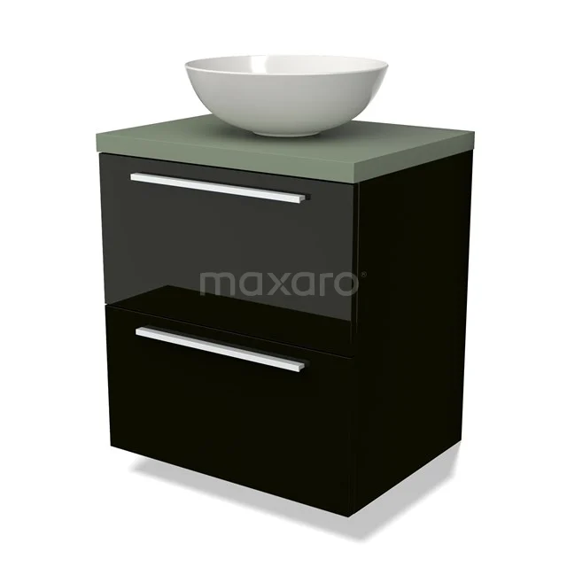 Modern zwart badkamermeubel met glazen blad, witte wastafelkom en twee lades, ideaal voor compacte badkameropslag.